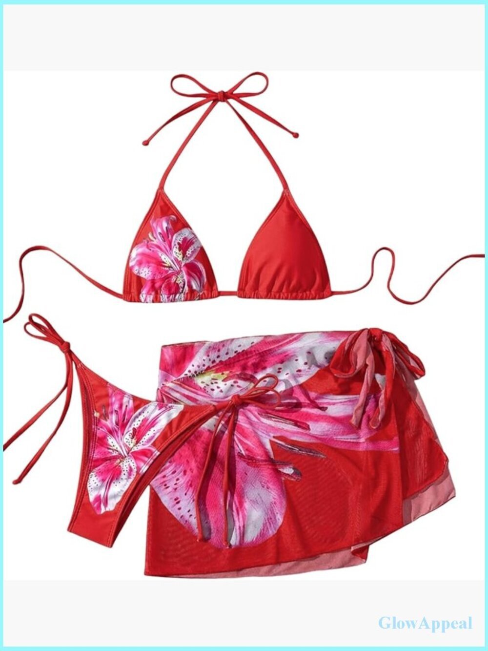 3 Piece Floral Thong Bikini with Sheer Overlay Swimsuit and Cover Up Skirt